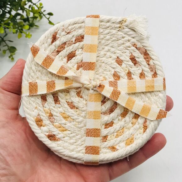One Set of 4 Rope Coffee Coasters Cotton Tan Beige Orange Gingham Design Boho 5" - Picture 3 of 4
